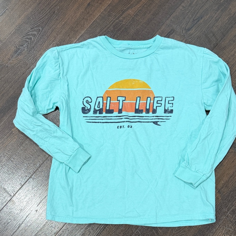 Kids size YM -Salt Life Teal Long Sleeve with Sunset Graphic worn once!